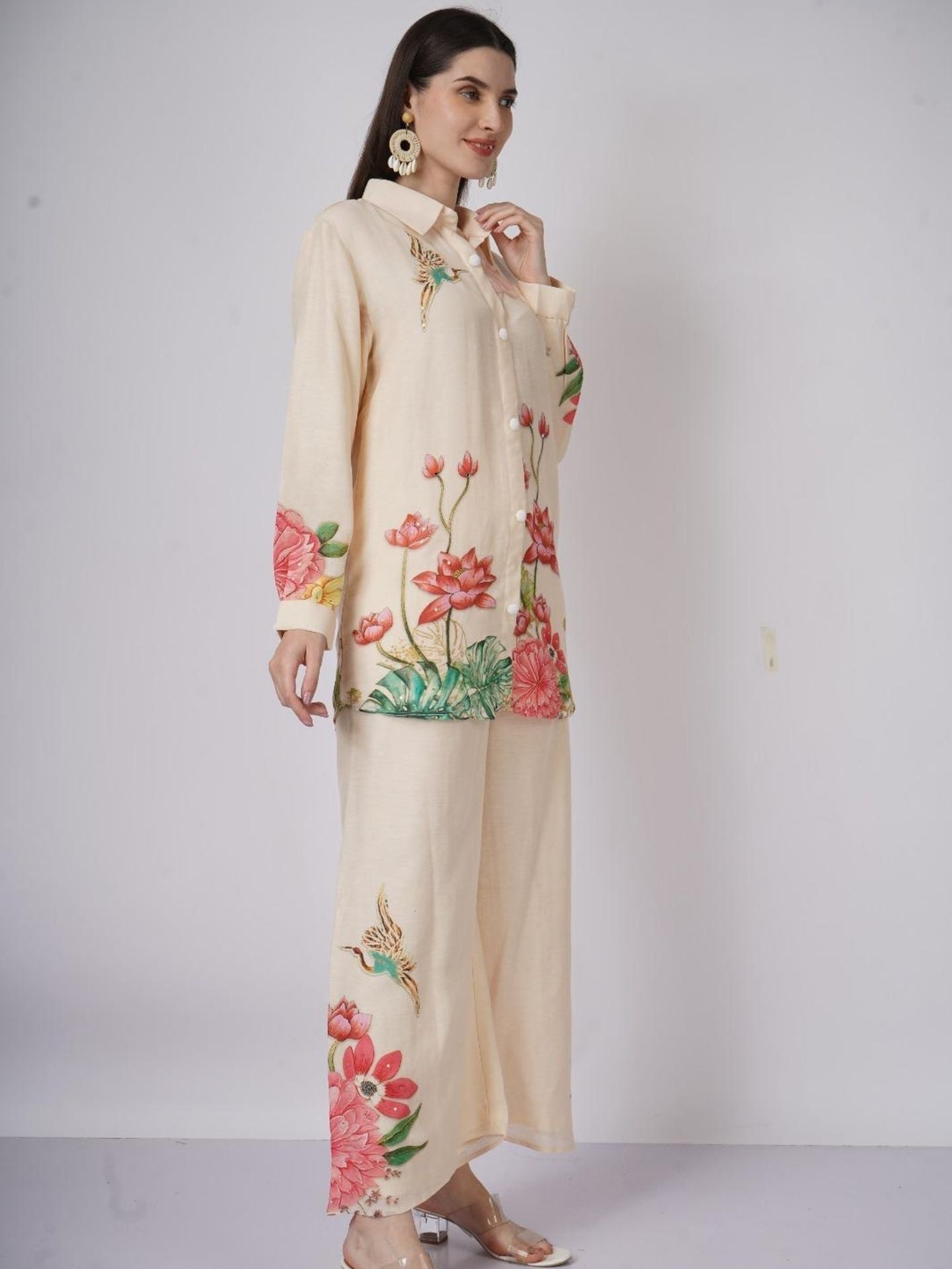 Cream Linen Indo Western with Sequins and Printed Embroidery 3
