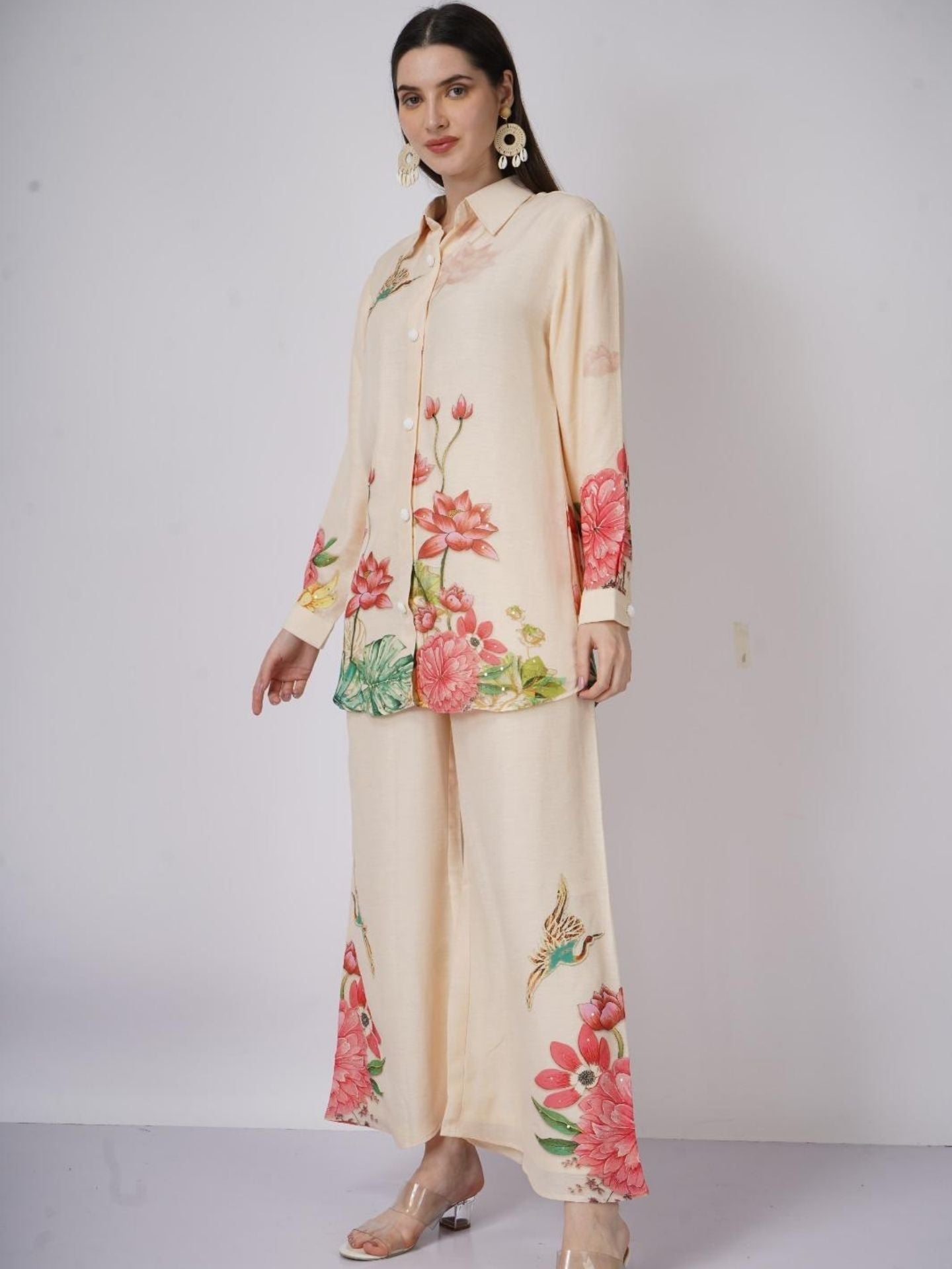 Cream Linen Indo Western with Sequins and Printed Embroidery 4