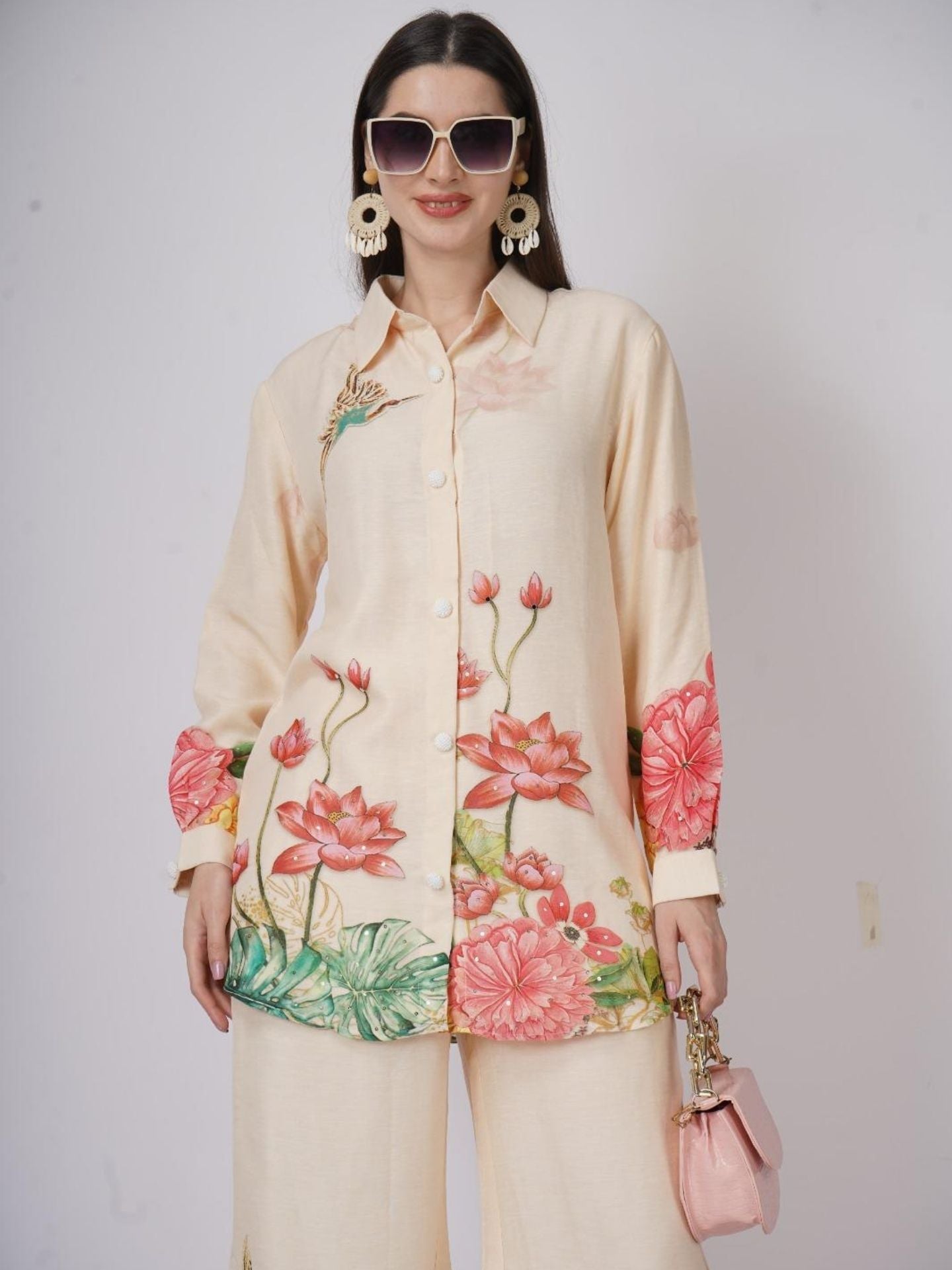 Cream Linen Indo Western with Sequins and Printed Embroidery 5