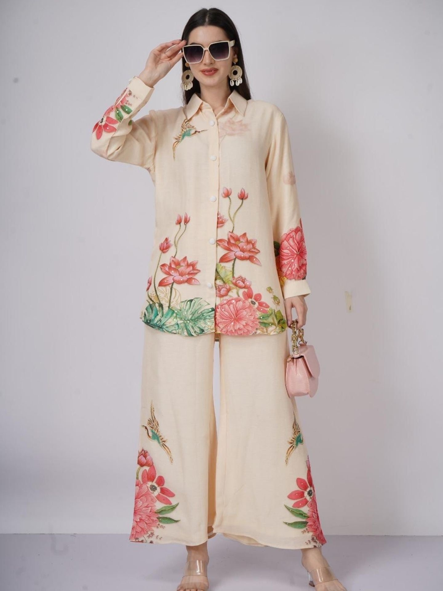 Cream Linen Indo Western with Sequins and Printed Embroidery 6