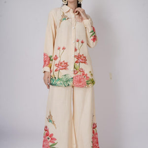 Cream Linen Indo Western with Sequins and Printed Embroidery 7
