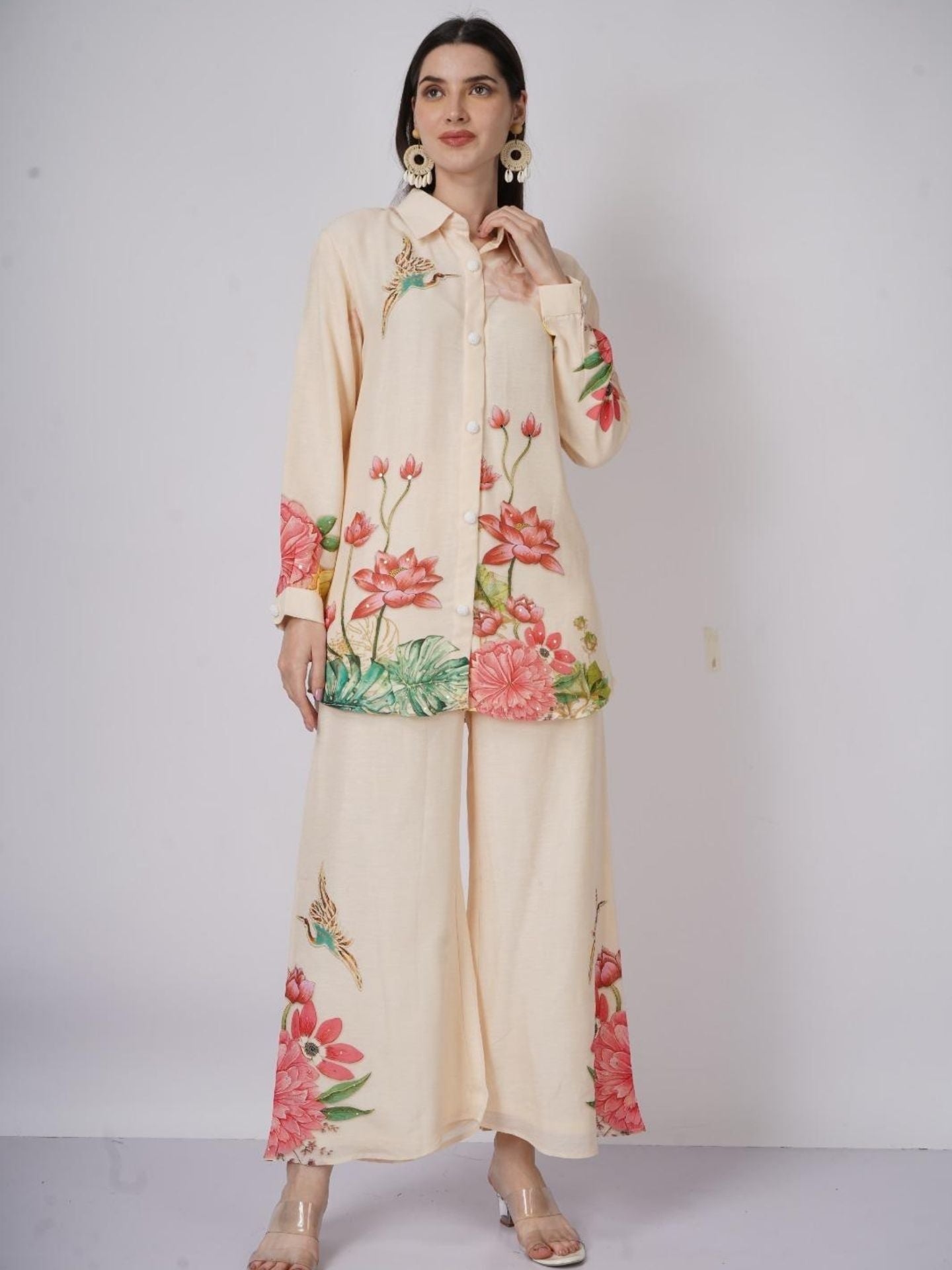 Cream Linen Indo Western with Sequins and Printed Embroidery 7