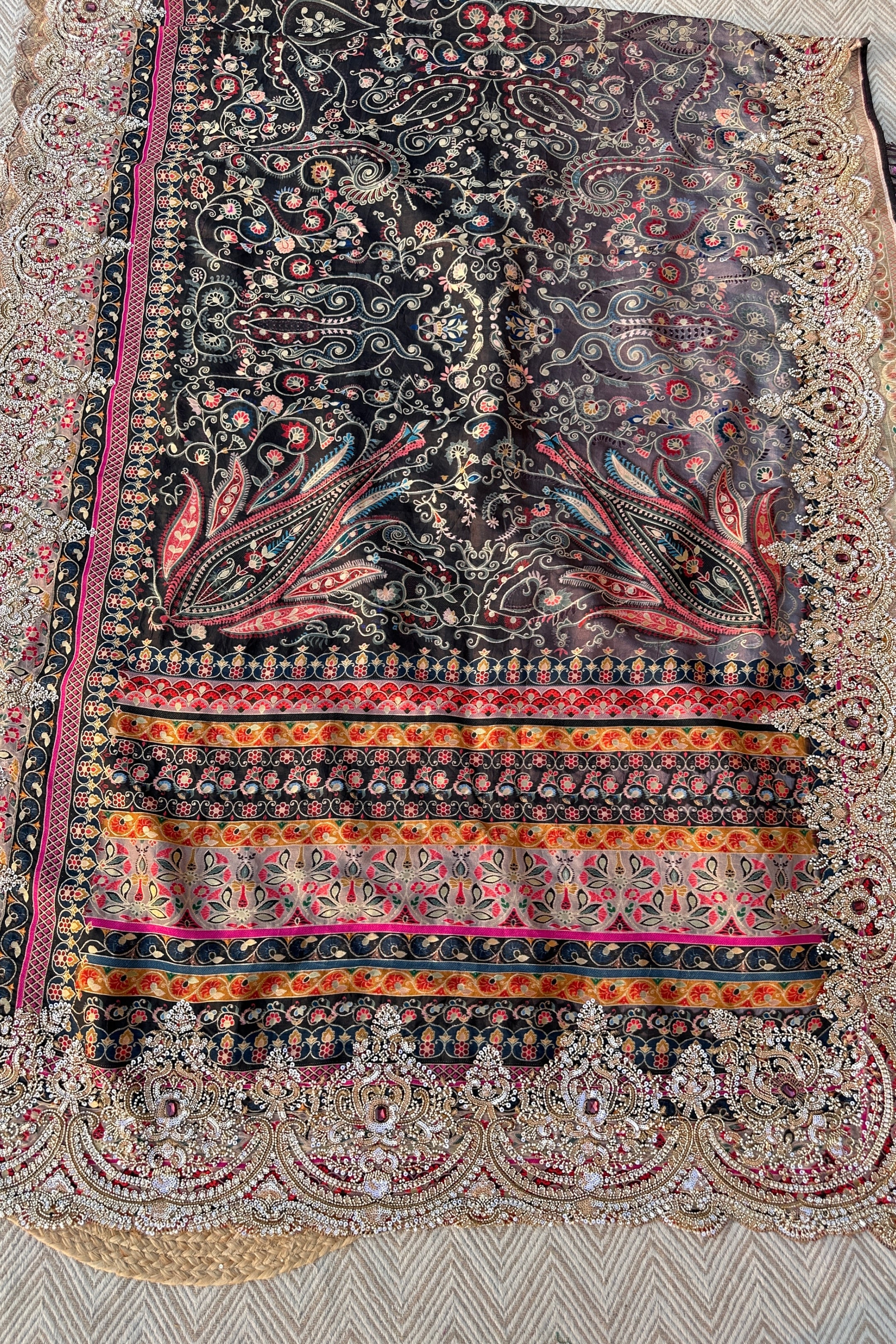 Black Banarasi Silk Saree Embellished With Cutdana, Sequins, Moti & Stone work