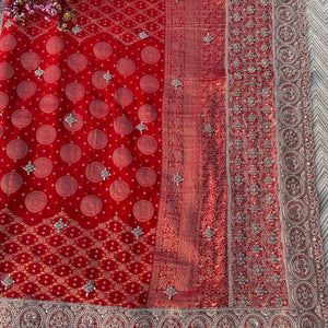 Red Rani Georgette Unstitched Saree Embellished With Zari, Moti, Sequins & Cutdana Work