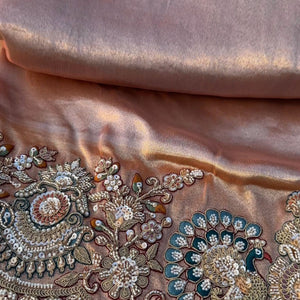 Beige Tissue Unstitched Saree Embellished With Sequins, Dori, Dabka & Cutdana Work
