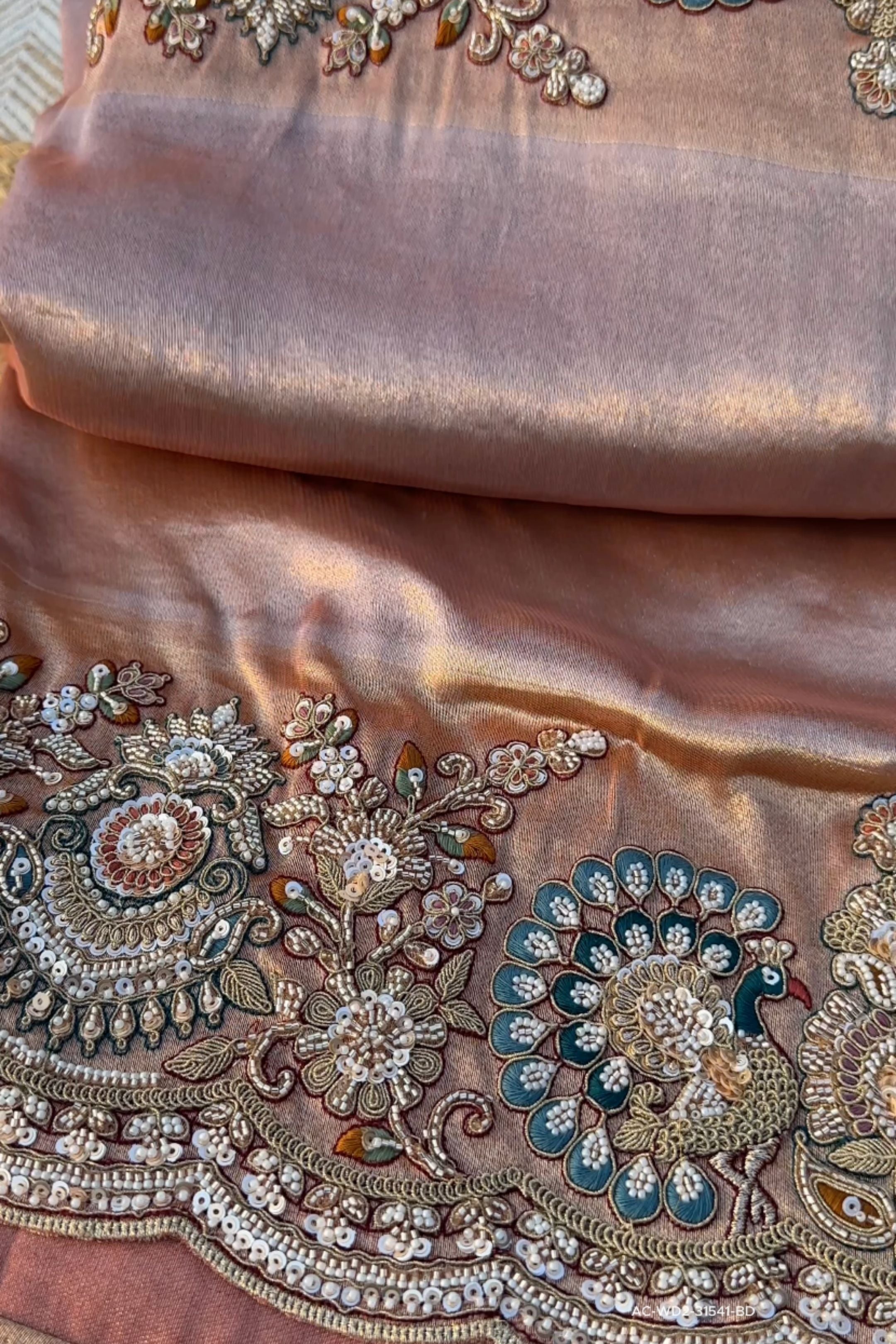 Beige Tissue Unstitched Saree Embellished With Sequins, Dori, Dabka & Cutdana Work