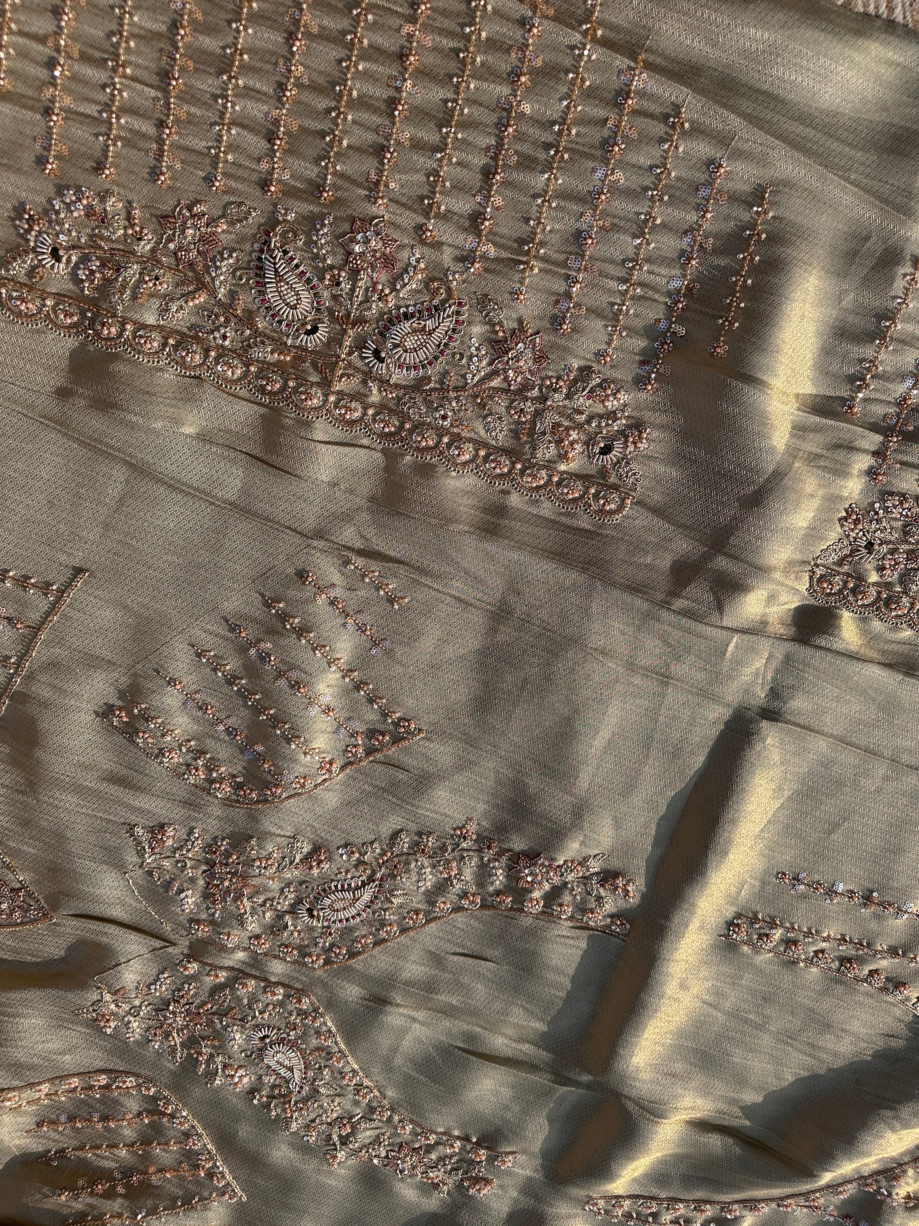 Sky Green Jacquard Saree with Tissue Unstitched Blouse with Cutdana, Sequins, Thread, Dabka and Moti Embroidery 10
