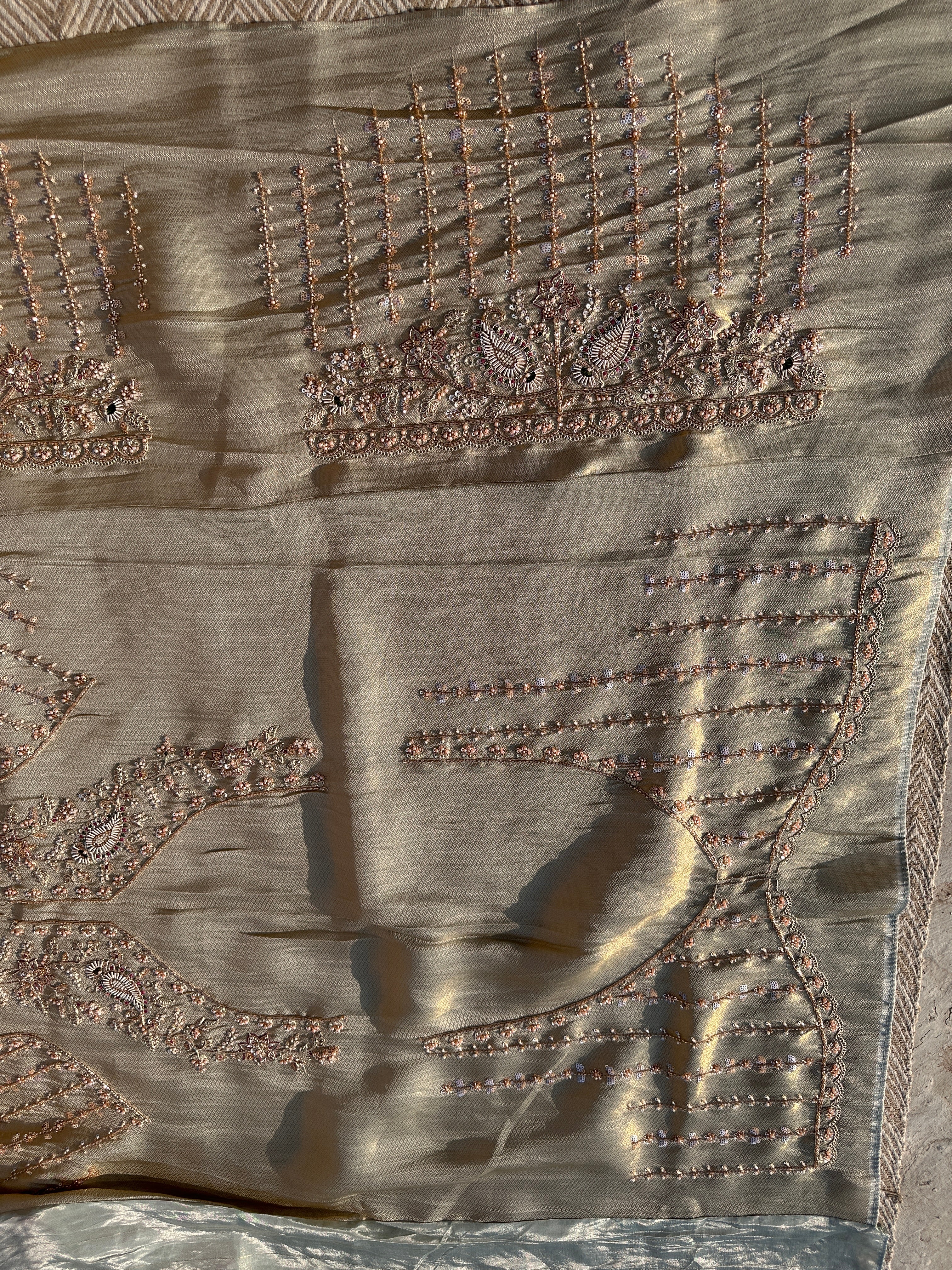 Sky Green Jacquard Saree with Tissue Unstitched Blouse with Cutdana, Sequins, Thread, Dabka and Moti Embroidery 11