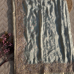 Sky Green Jacquard Saree with Tissue Unstitched Blouse with Cutdana, Sequins, Thread, Dabka and Moti Embroidery 5