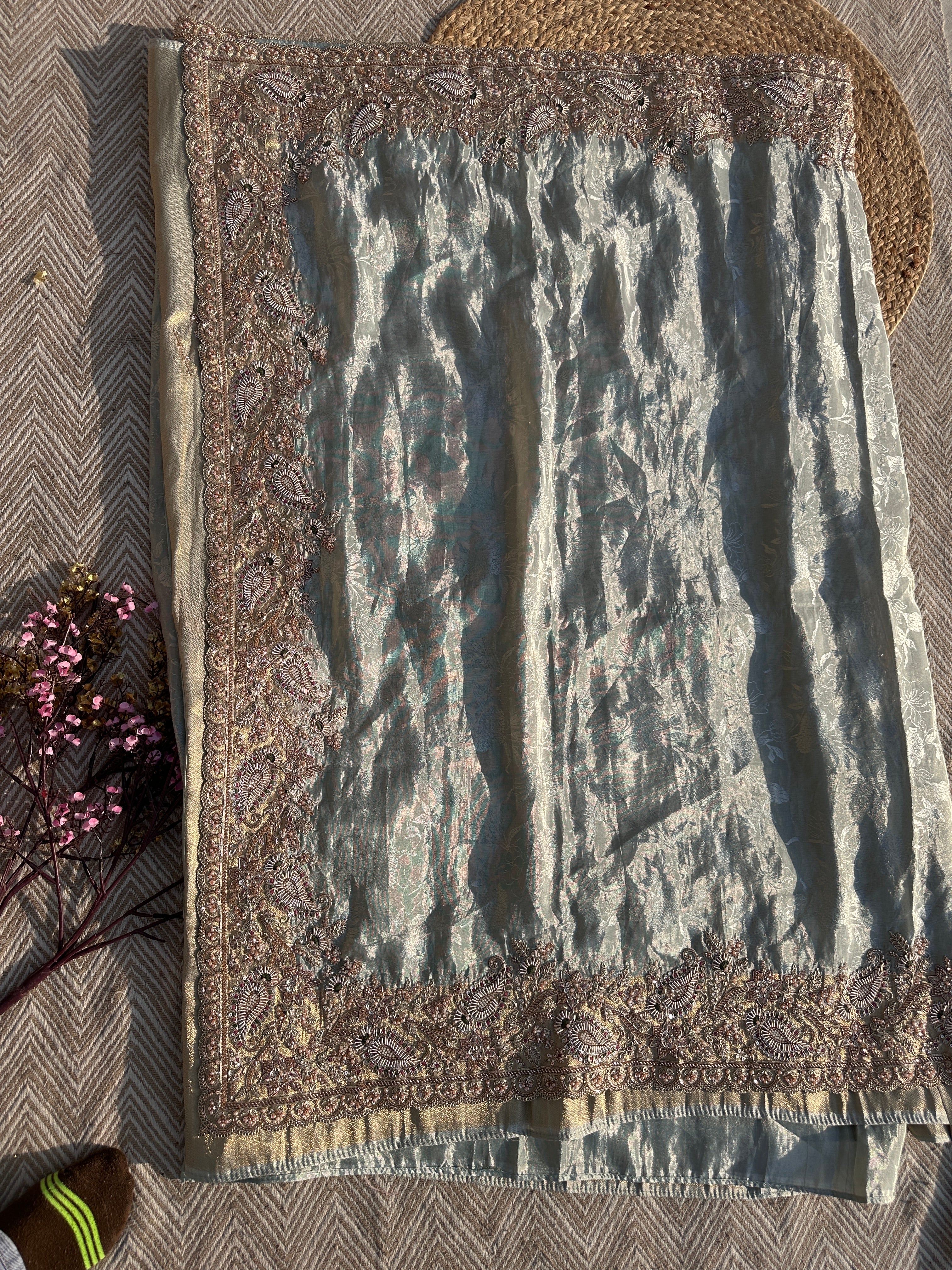 Sky Green Jacquard Saree with Tissue Unstitched Blouse with Cutdana, Sequins, Thread, Dabka and Moti Embroidery 5