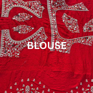 Red Rani Georgette Unstitched Saree Embellished With Zari, Moti, Sequins & Cutdana Work