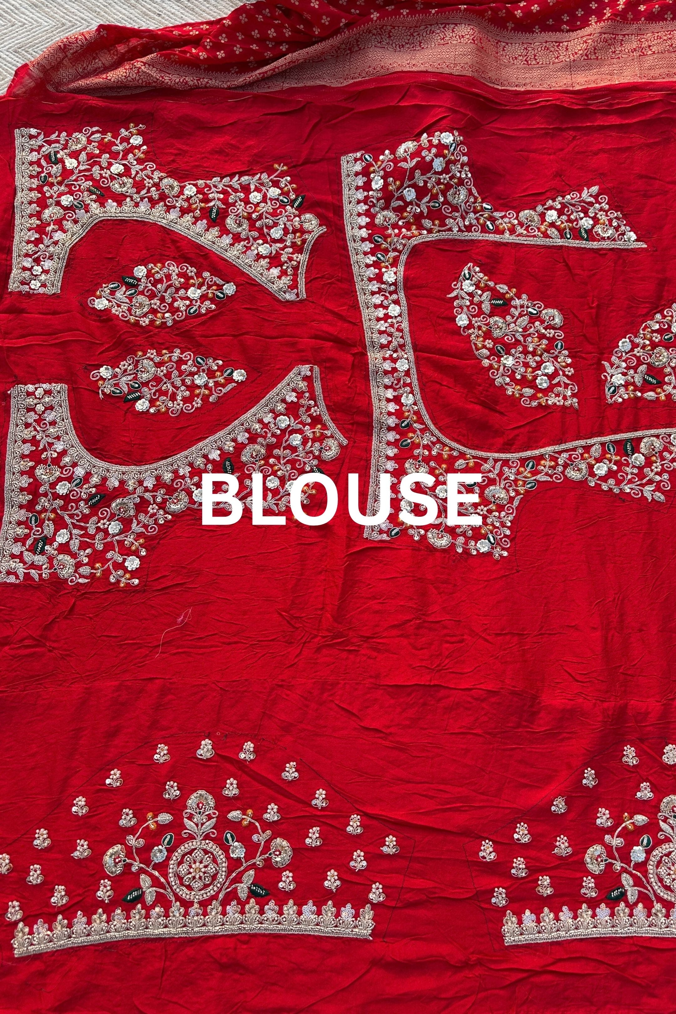 Red Rani Georgette Unstitched Saree Embellished With Zari, Moti, Sequins & Cutdana Work