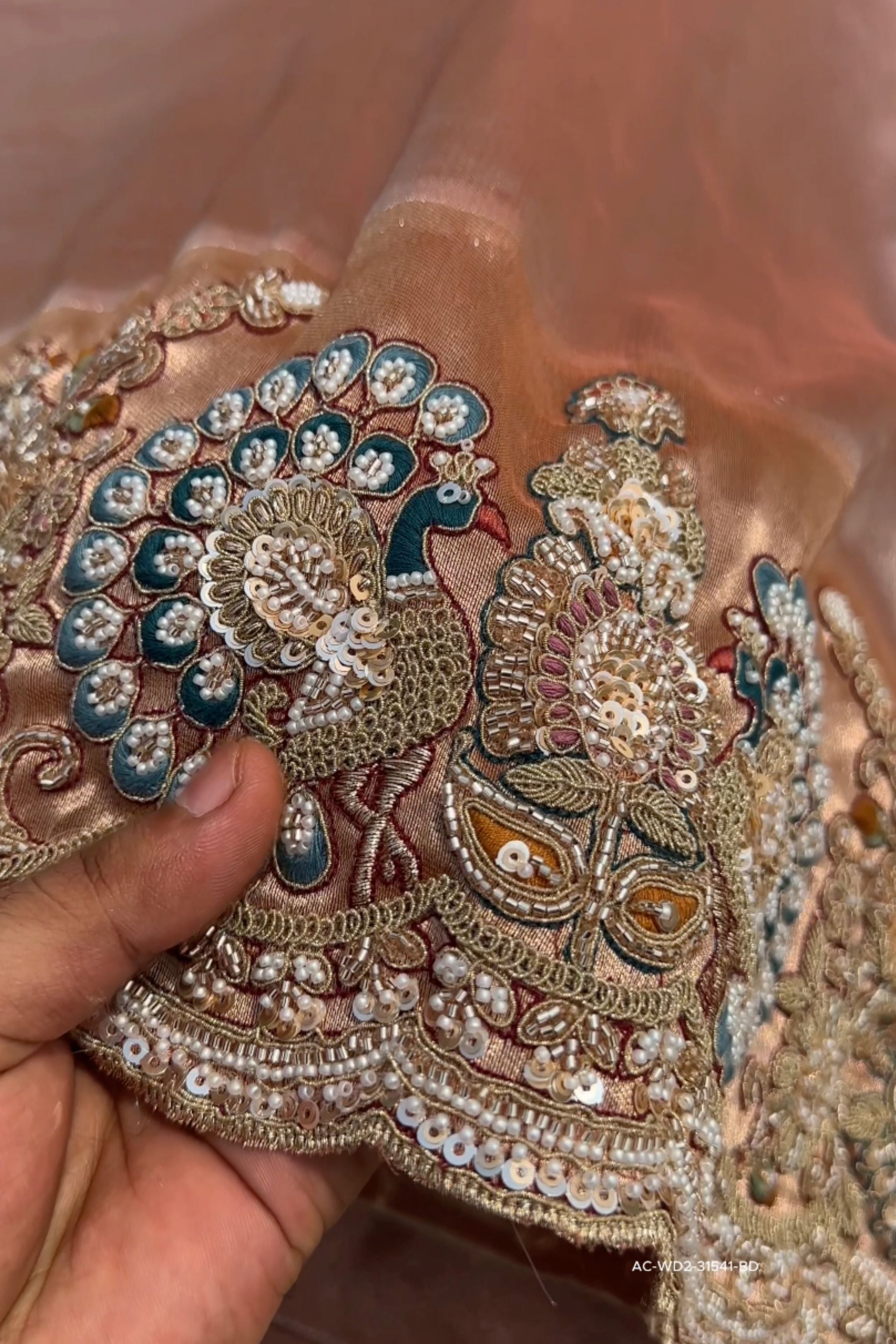 Beige Tissue Unstitched Saree Embellished With Sequins, Dori, Dabka & Cutdana Work