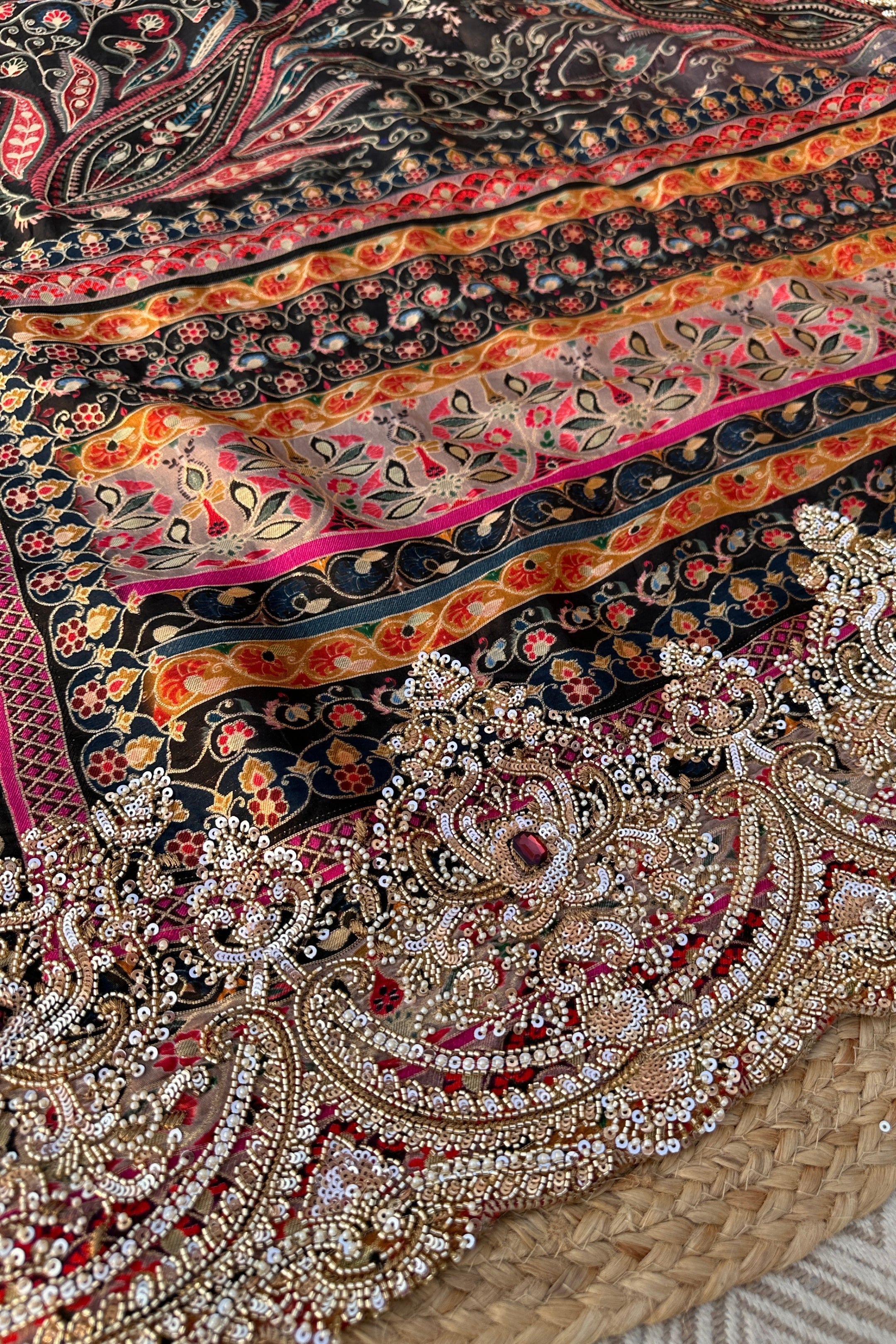 Black Banarasi Silk Saree Embellished With Cutdana, Sequins, Moti & Stone work