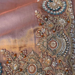 Beige Tissue Unstitched Saree Embellished With Sequins, Dori, Dabka & Cutdana Work