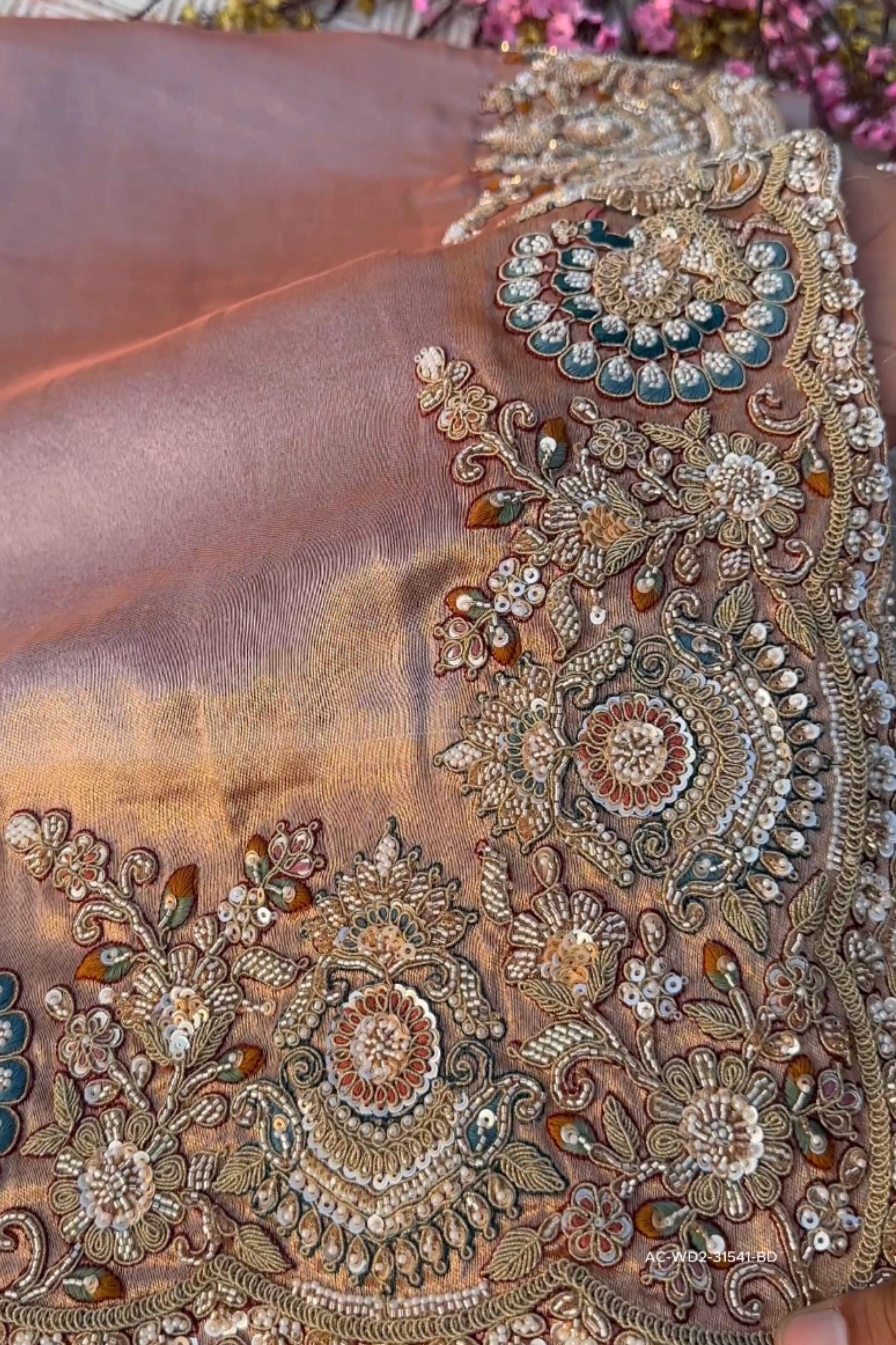 Beige Tissue Unstitched Saree Embellished With Sequins, Dori, Dabka & Cutdana Work
