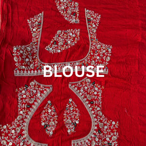 Red Rani Georgette Unstitched Saree Embellished With Zari, Moti, Sequins & Cutdana Work