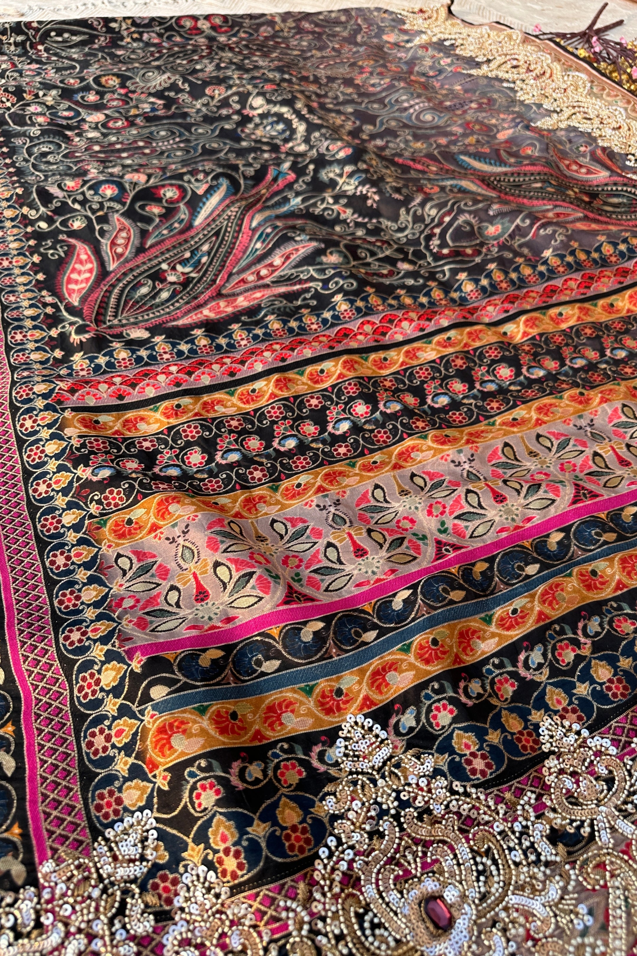 Black Banarasi Silk Saree Embellished With Cutdana, Sequins, Moti & Stone work