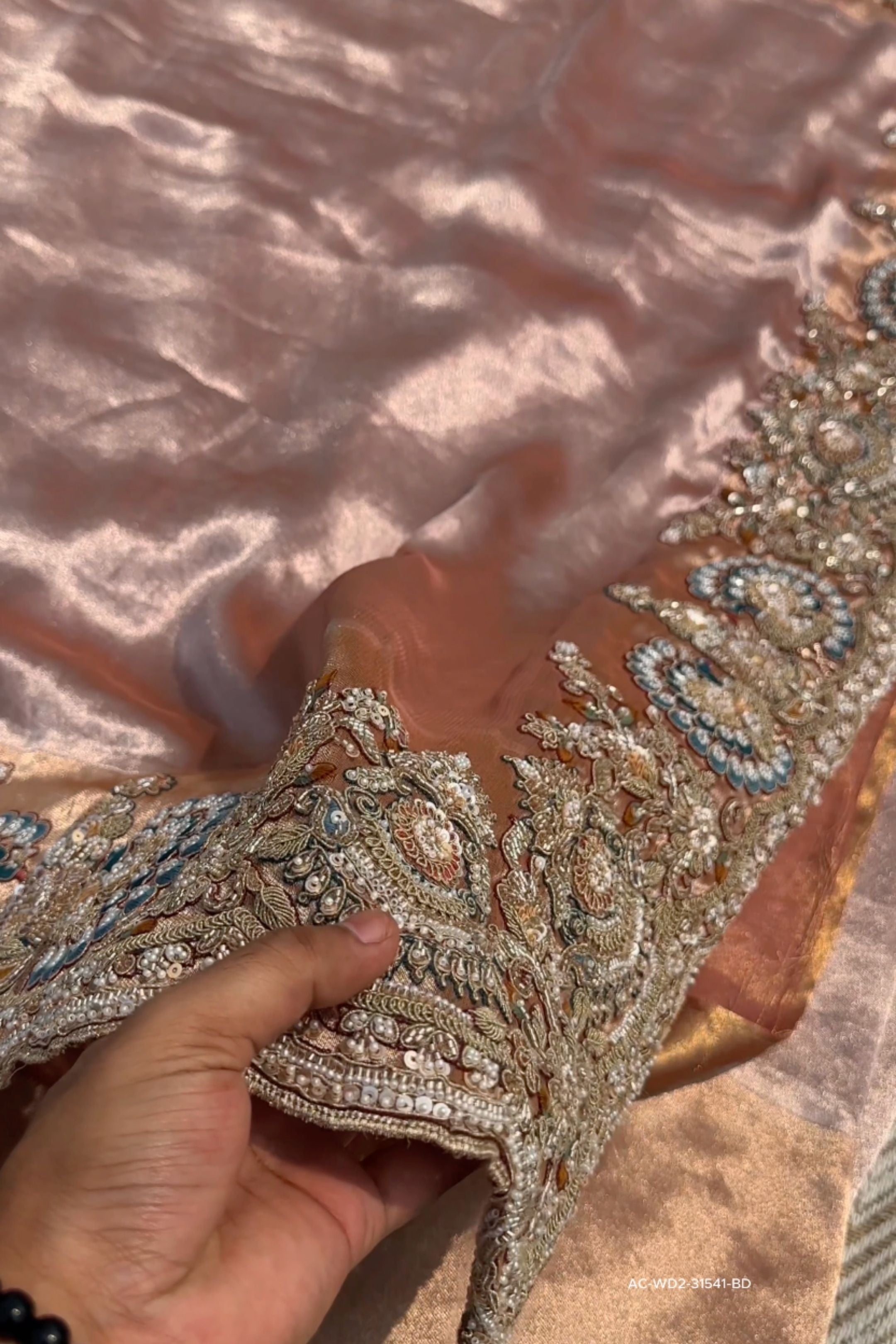 Beige Tissue Unstitched Saree Embellished With Sequins, Dori, Dabka & Cutdana Work