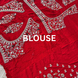 Red Rani Georgette Unstitched Saree Embellished With Zari, Moti, Sequins & Cutdana Work