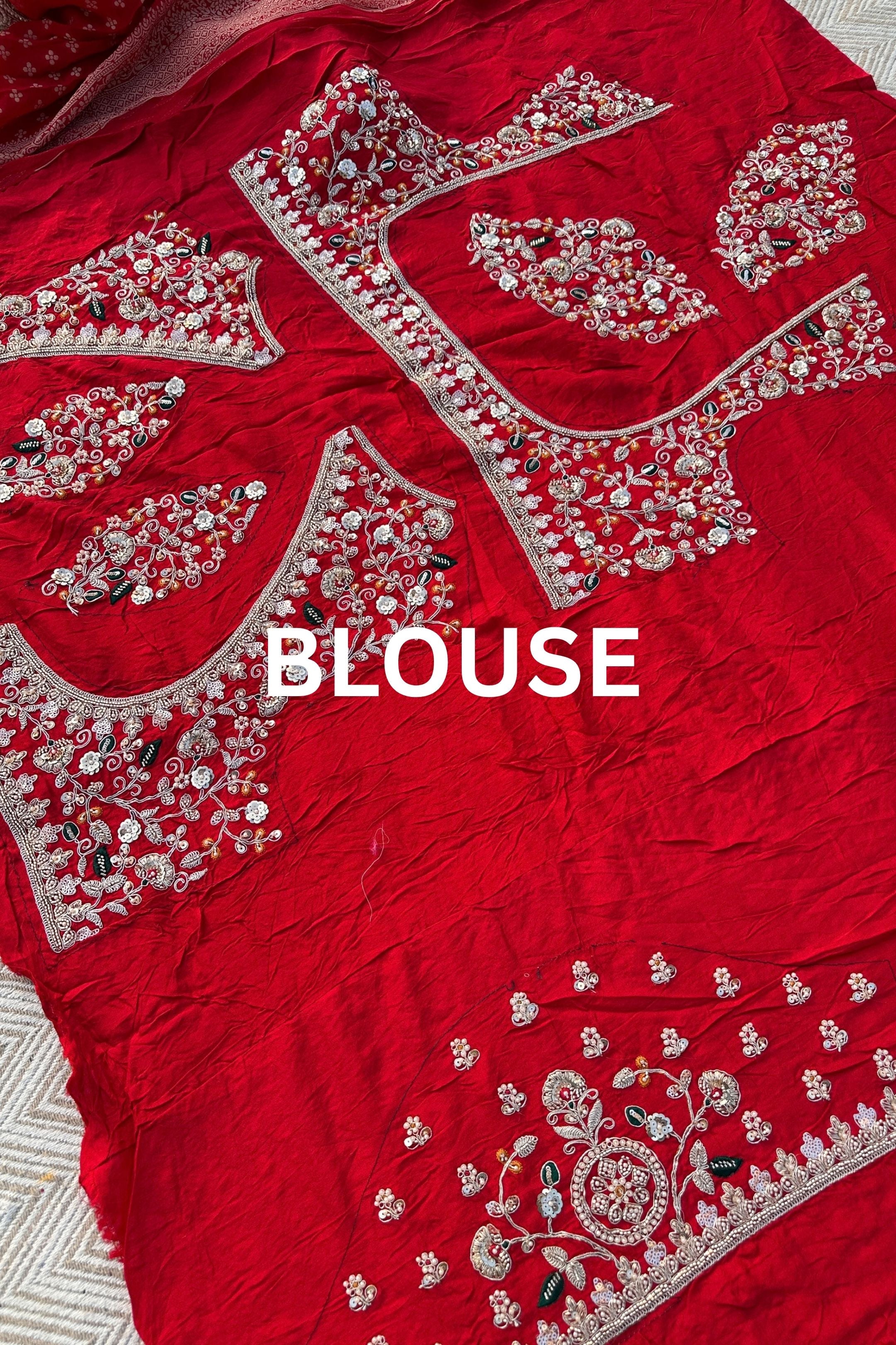 Red Rani Georgette Unstitched Saree Embellished With Zari, Moti, Sequins & Cutdana Work
