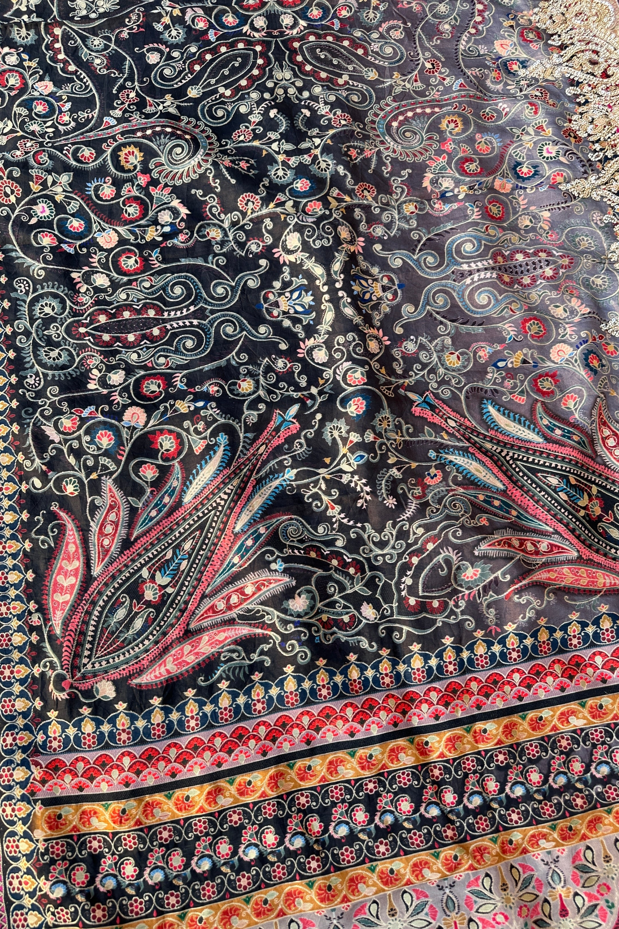 Black Banarasi Silk Saree Embellished With Cutdana, Sequins, Moti & Stone work
