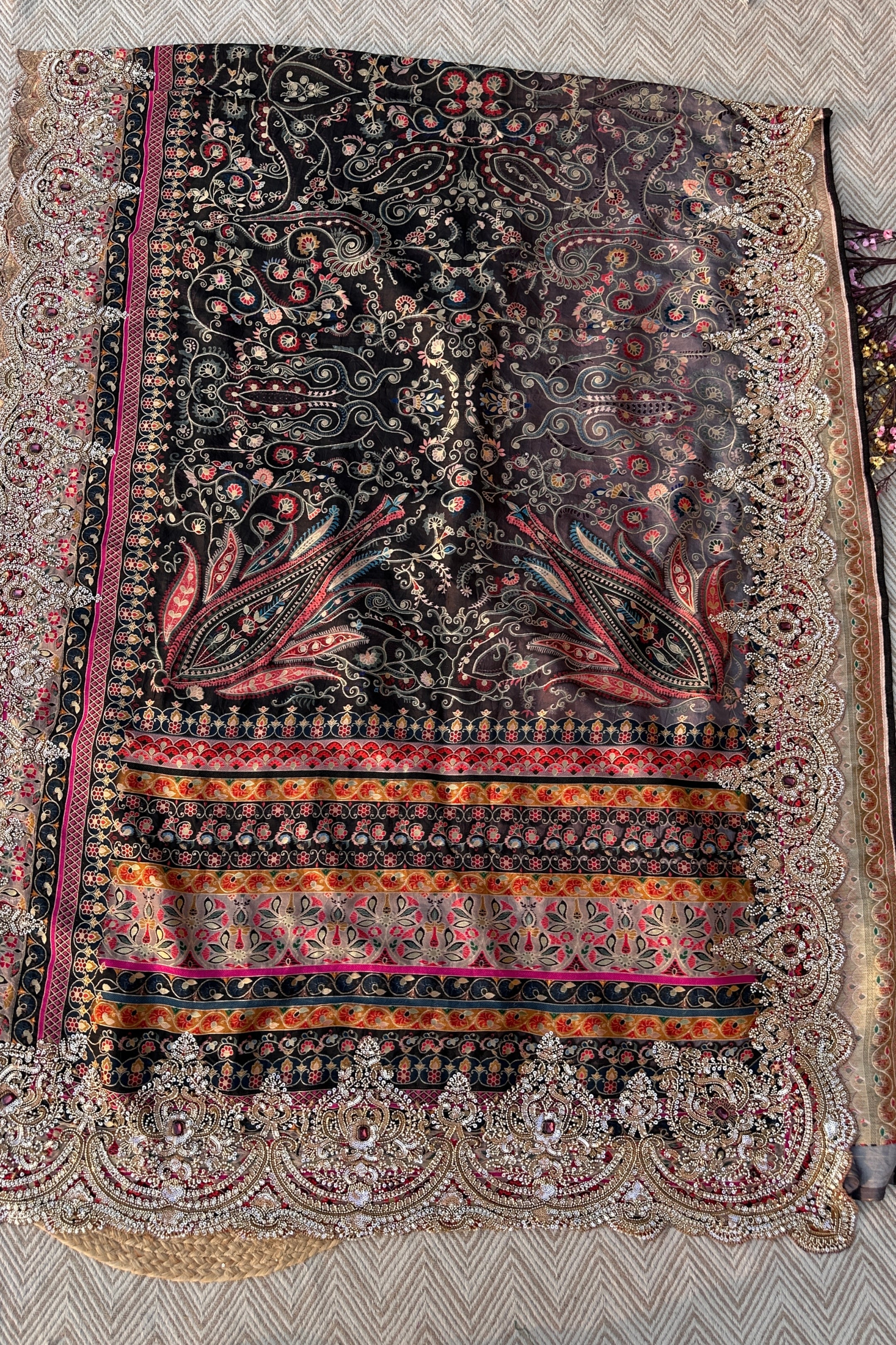 Black Banarasi Silk Saree Embellished With Cutdana, Sequins, Moti & Stone work
