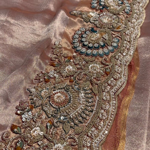 Beige Tissue Unstitched Saree Embellished With Sequins, Dori, Dabka & Cutdana Work