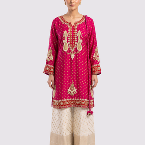 Pink Raw Silk Shirt, Palazzo And Dupatta with Cutdana, Pearl and French Knot Embroidery 1