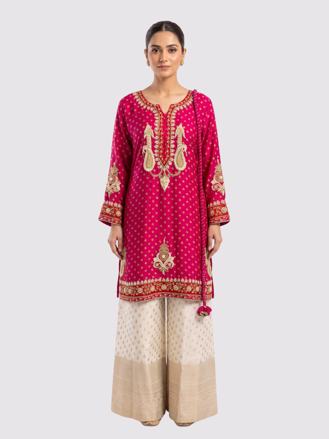 Pink Raw Silk Shirt, Palazzo And Dupatta with Cutdana, Pearl and French Knot Embroidery 1