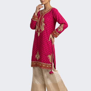 Pink Raw Silk Shirt, Palazzo And Dupatta with Cutdana, Pearl and French Knot Embroidery 2