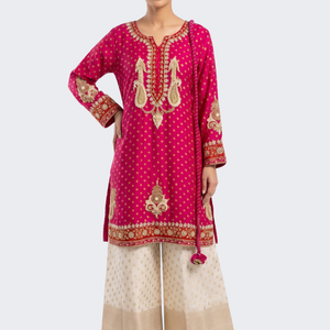 Pink Raw Silk Shirt, Palazzo And Dupatta with Cutdana, Pearl and French Knot Embroidery 3
