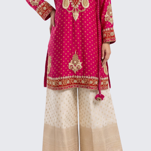 Pink Raw Silk Shirt, Palazzo And Dupatta with Cutdana, Pearl and French Knot Embroidery 4