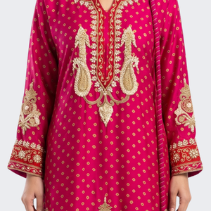 Pink Raw Silk Shirt, Palazzo And Dupatta with Cutdana, Pearl and French Knot Embroidery 5