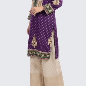 Purple Raw Silk Shirt, Palazzo And Dupatta with Cutdana, Pearl and French Knot Embroidery