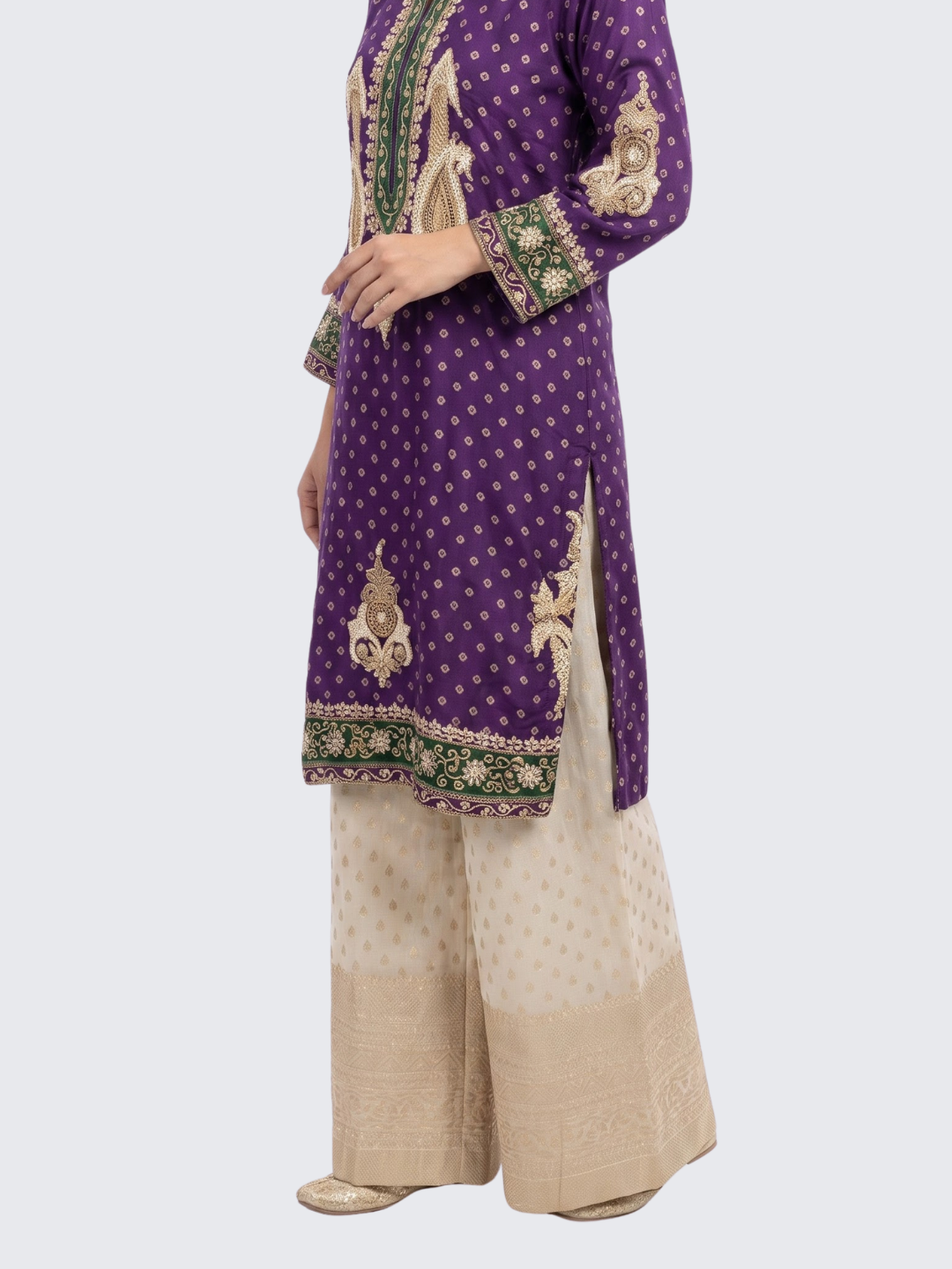 Purple Raw Silk Shirt, Palazzo And Dupatta with Cutdana, Pearl and French Knot Embroidery