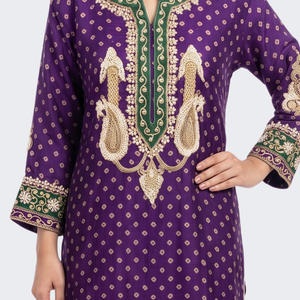 Purple Raw Silk Shirt, Palazzo And Dupatta with Cutdana, Pearl and French Knot Embroidery