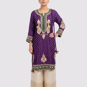 Purple Raw Silk Shirt, Palazzo And Dupatta with Cutdana, Pearl and French Knot Embroidery 1