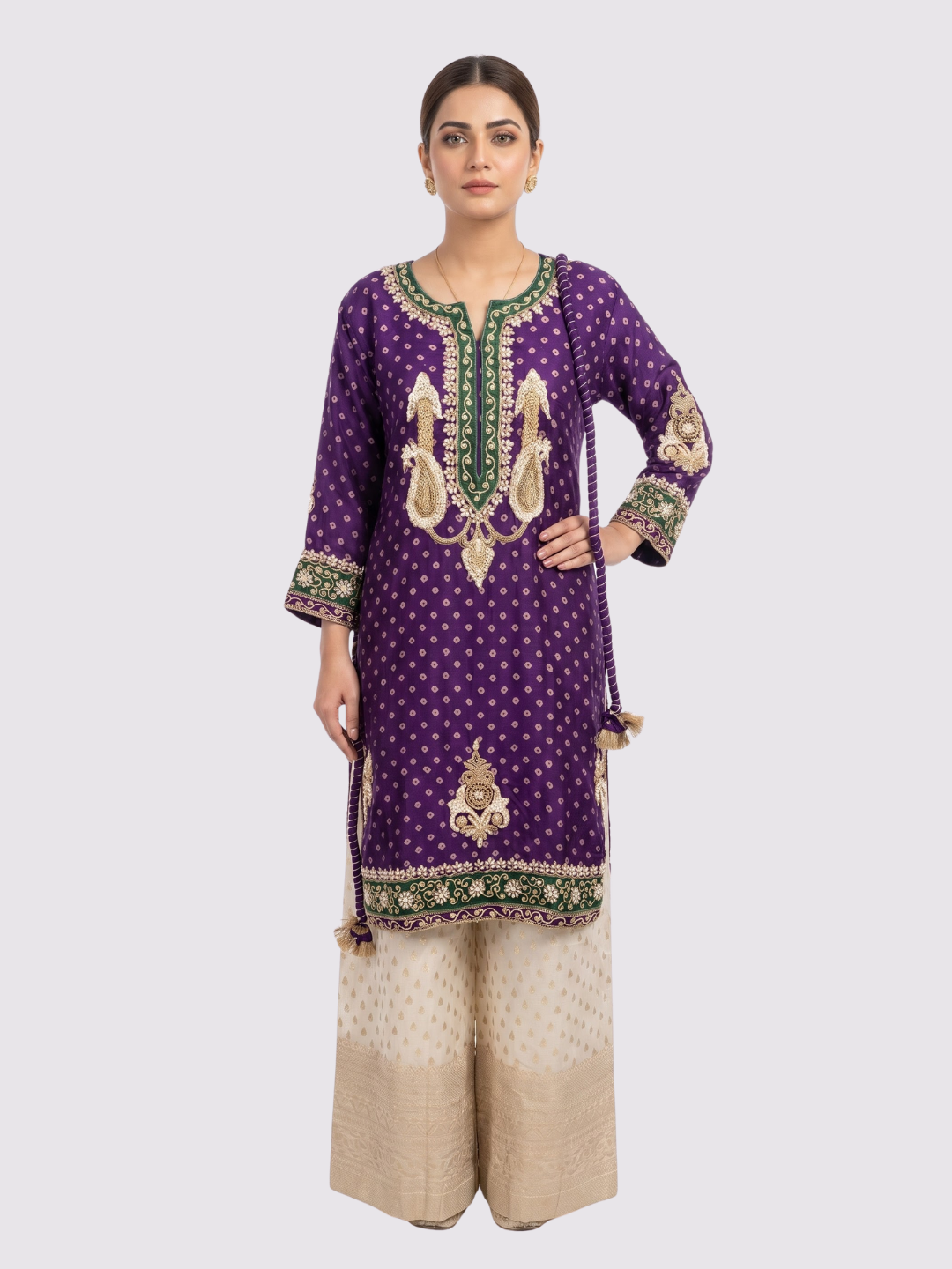 Purple Raw Silk Shirt, Palazzo And Dupatta with Cutdana, Pearl and French Knot Embroidery 1