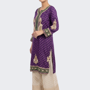 Purple Raw Silk Shirt, Palazzo And Dupatta with Cutdana, Pearl and French Knot Embroidery 2
