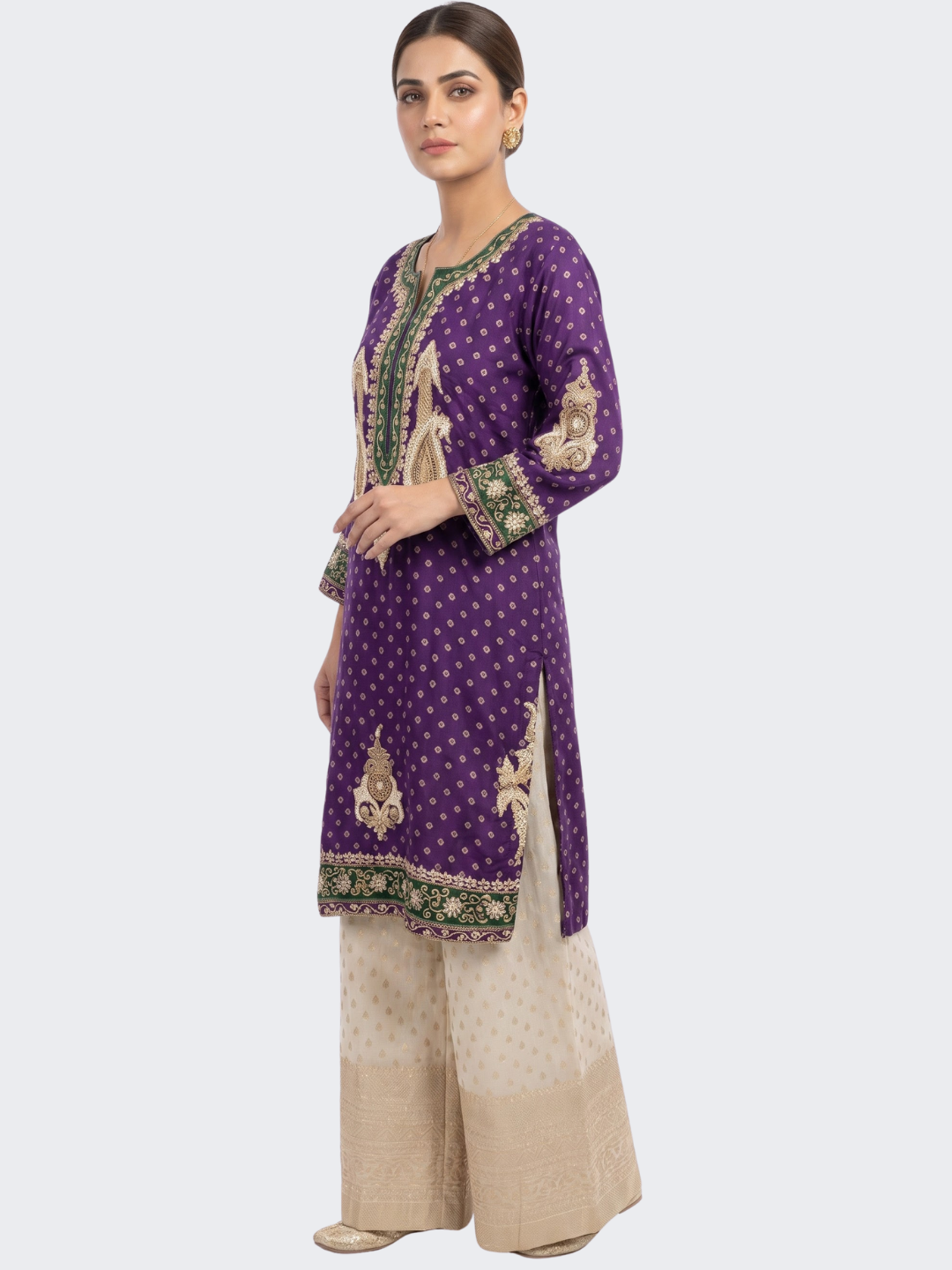 Purple Raw Silk Shirt, Palazzo And Dupatta with Cutdana, Pearl and French Knot Embroidery 2