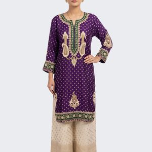 Purple Raw Silk Shirt, Palazzo And Dupatta with Cutdana, Pearl and French Knot Embroidery 3