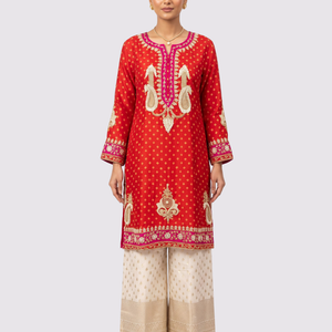 Red Raw Silk Shirt, Palazzo And Dupatta with Cutdana, Pearl and French Knot Embroidery 1