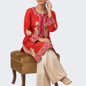 Red Raw Silk Shirt, Palazzo And Dupatta with Cutdana, Pearl and French Knot Embroidery 2