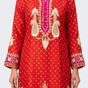 Red Raw Silk Shirt, Palazzo And Dupatta with Cutdana, Pearl and French Knot Embroidery 4