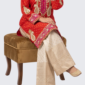 Red Raw Silk Shirt, Palazzo And Dupatta with Cutdana, Pearl and French Knot Embroidery 5