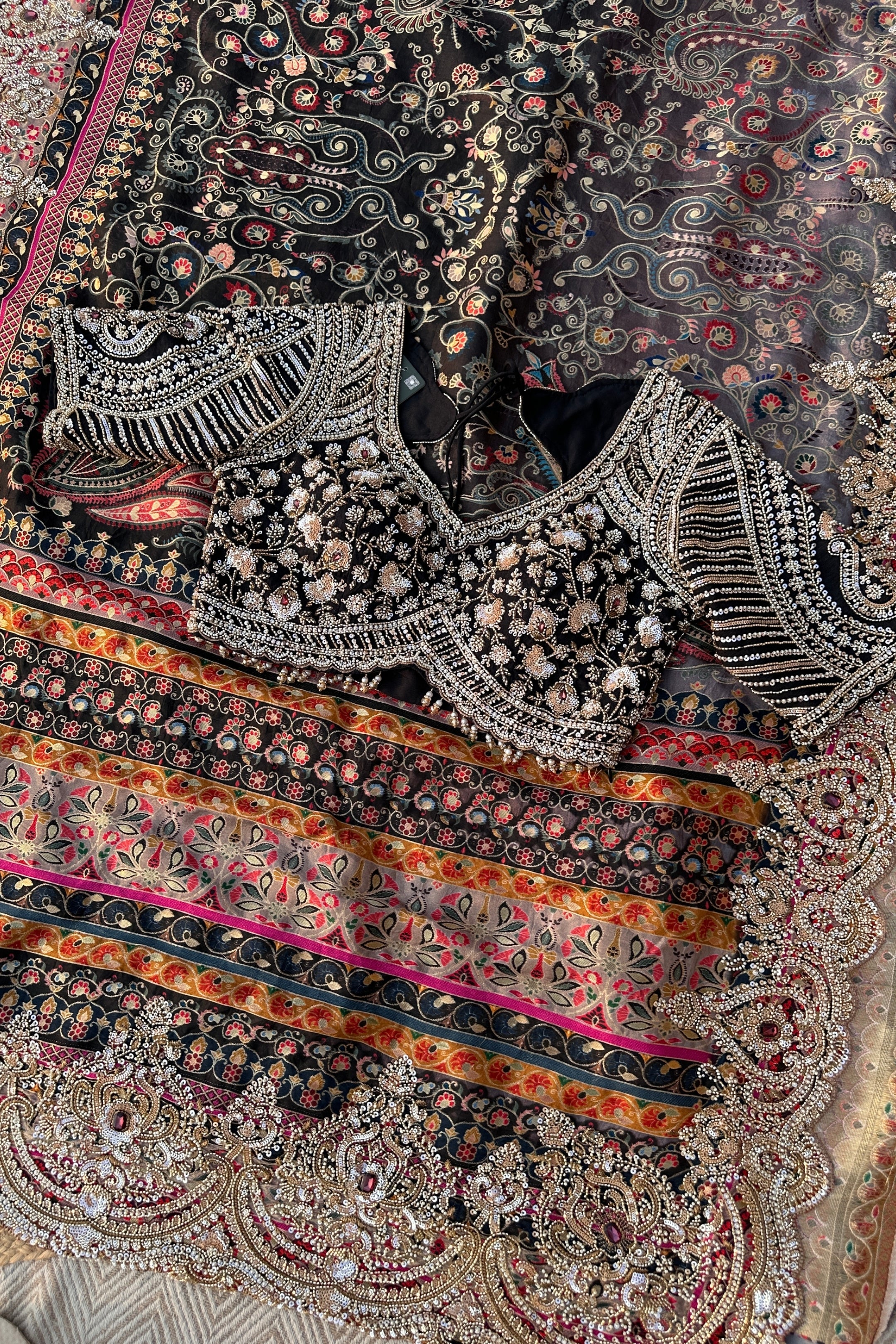 Black Banarasi Silk Saree Embellished With Cutdana, Sequins, Moti & Stone work