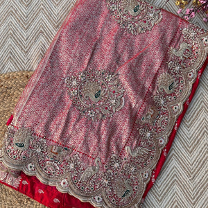 Red Rani Banarasi Satin Unstitched Saree Embellished With Zari, Moti, Sequins & Cutdana Work