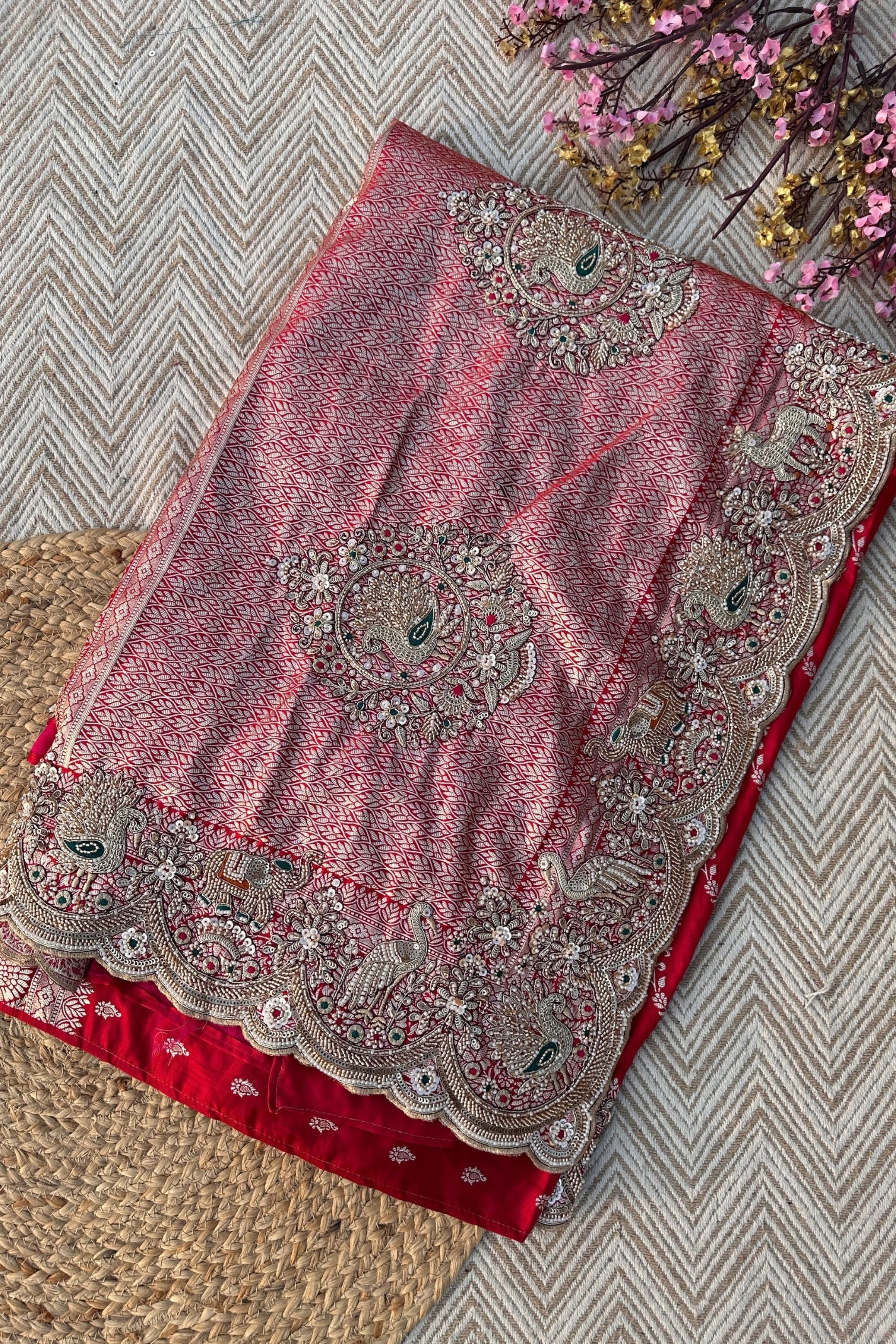 Red Rani Banarasi Satin Unstitched Saree Embellished With Zari, Moti, Sequins & Cutdana Work