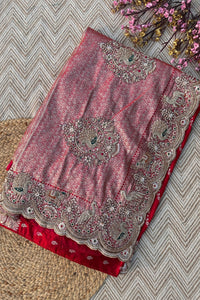 Red Rani Banarasi Satin Unstitched Saree Embellished With Zari, Moti, Sequins & Cutdana Work